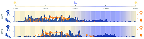 An example of the STARs study report. It shows graphs that describe when the child was sleeping at different times of day and night, over 48 hours
