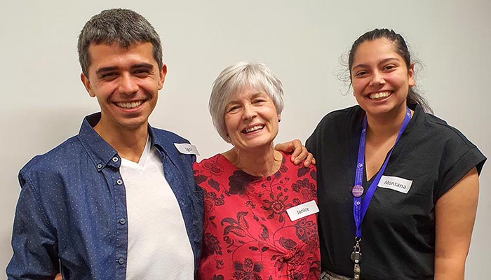 Janice Rushworth with current Alastair Rushworth scholars Dr Igor Bonacossa Pereira and Montana Samantzis.