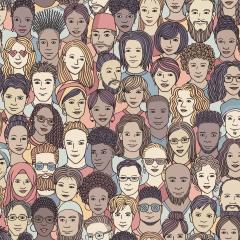 banner of 100 different hand drawn faces of various ethnicities