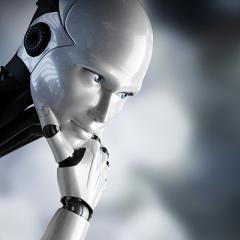 Robot thinking with head in hand.