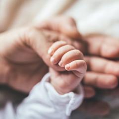 Adult hand holding baby hand