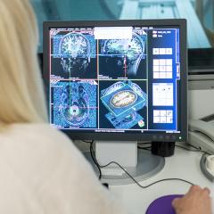 QBI researchers look at scans of the brain.